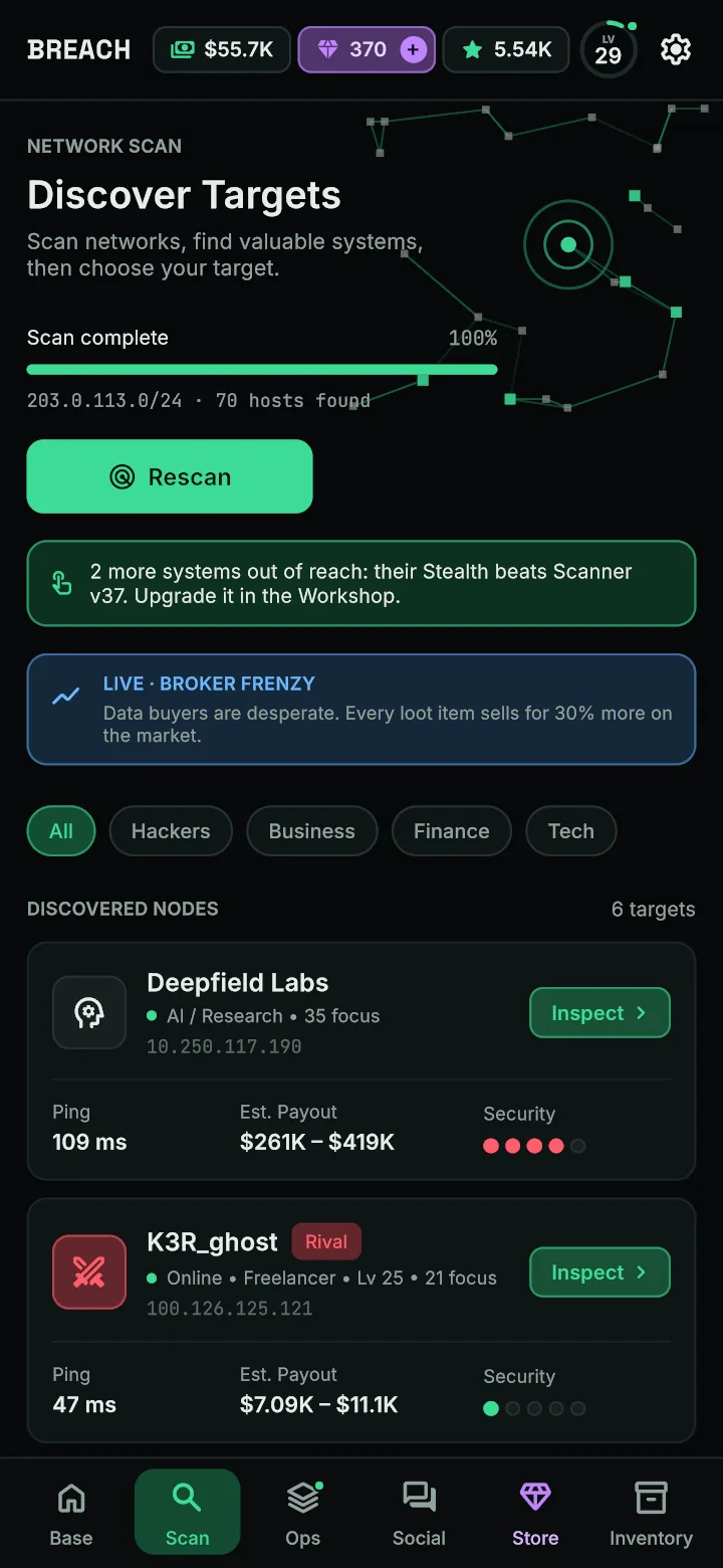 The Scan screen: targets with their addresses, security and payouts
